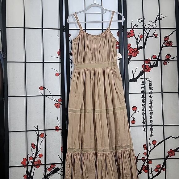 Alberta Ferretti nwt Tan Tiered Spaghetti Strap Cotton Dress - Picture 1 of 9